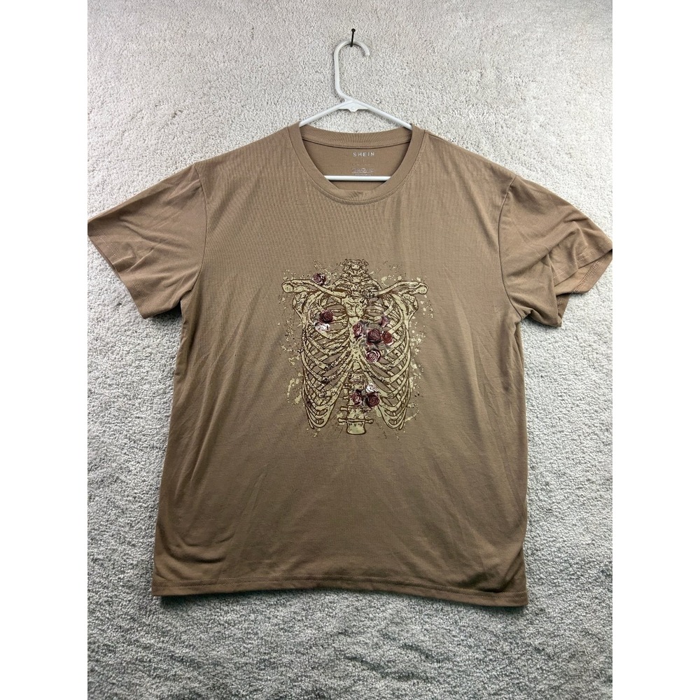 SHEIN Women's Brown Large T-Shirt Rib Cage Rose‎ Graphic Cotton